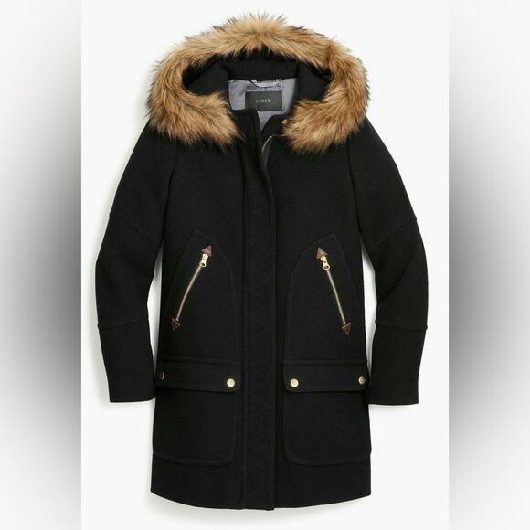 J.Crew Chateau Parka Wool Coat Black Fur Hood Size 2 A-Line Mid Thigh Warm Black - Picture 1 of 8